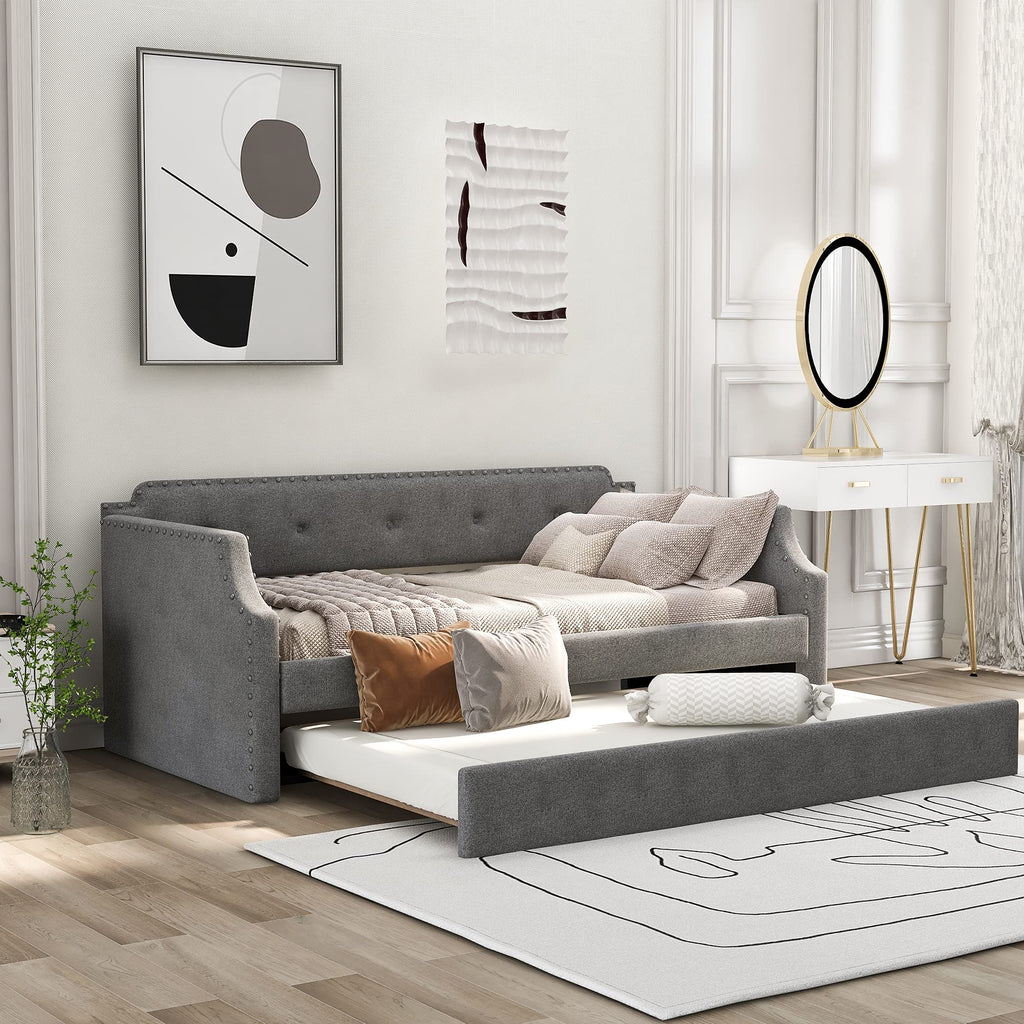 Twin Size Gray Linen Upholstered Daybed with Trundle G944659