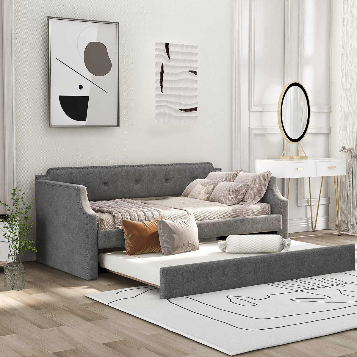 Twin Size Gray Linen Upholstered Daybed with Trundle G944659