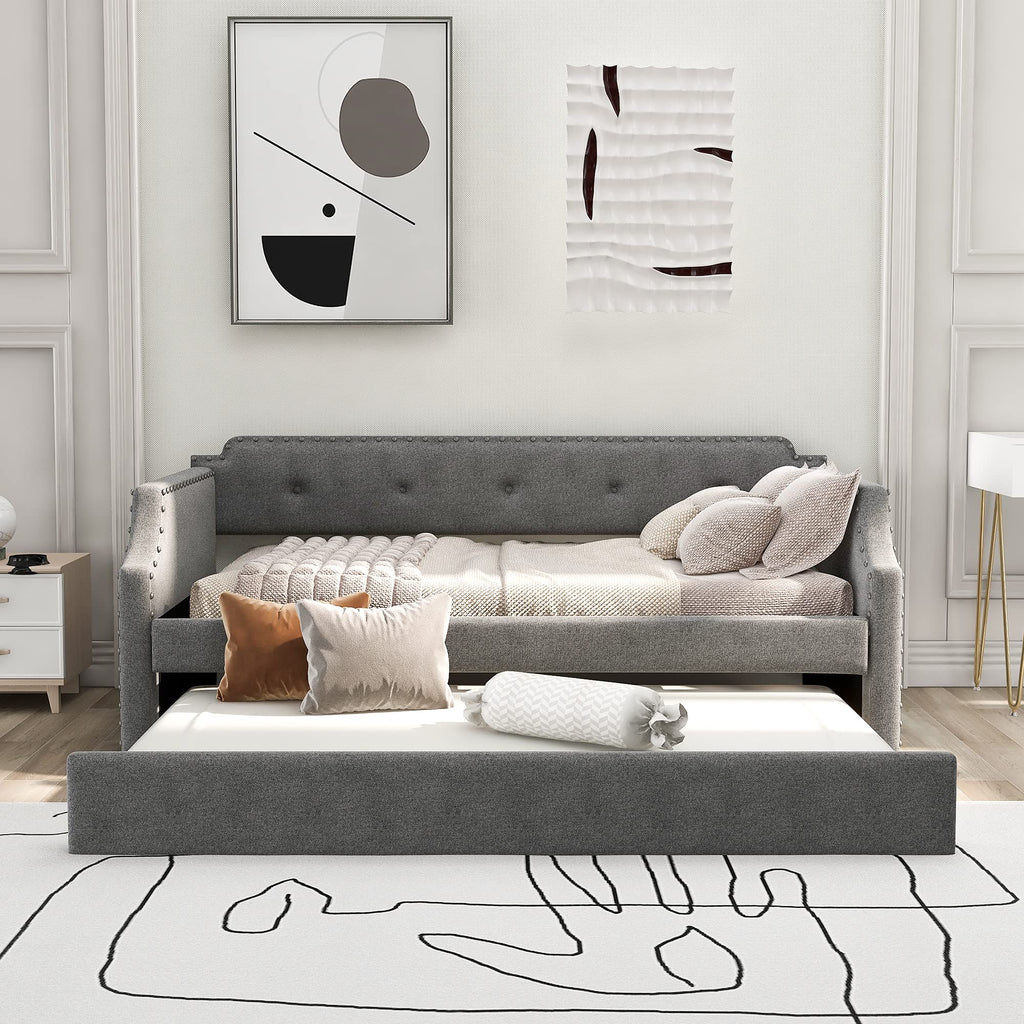 Twin Size Gray Linen Upholstered Daybed with Trundle G944659