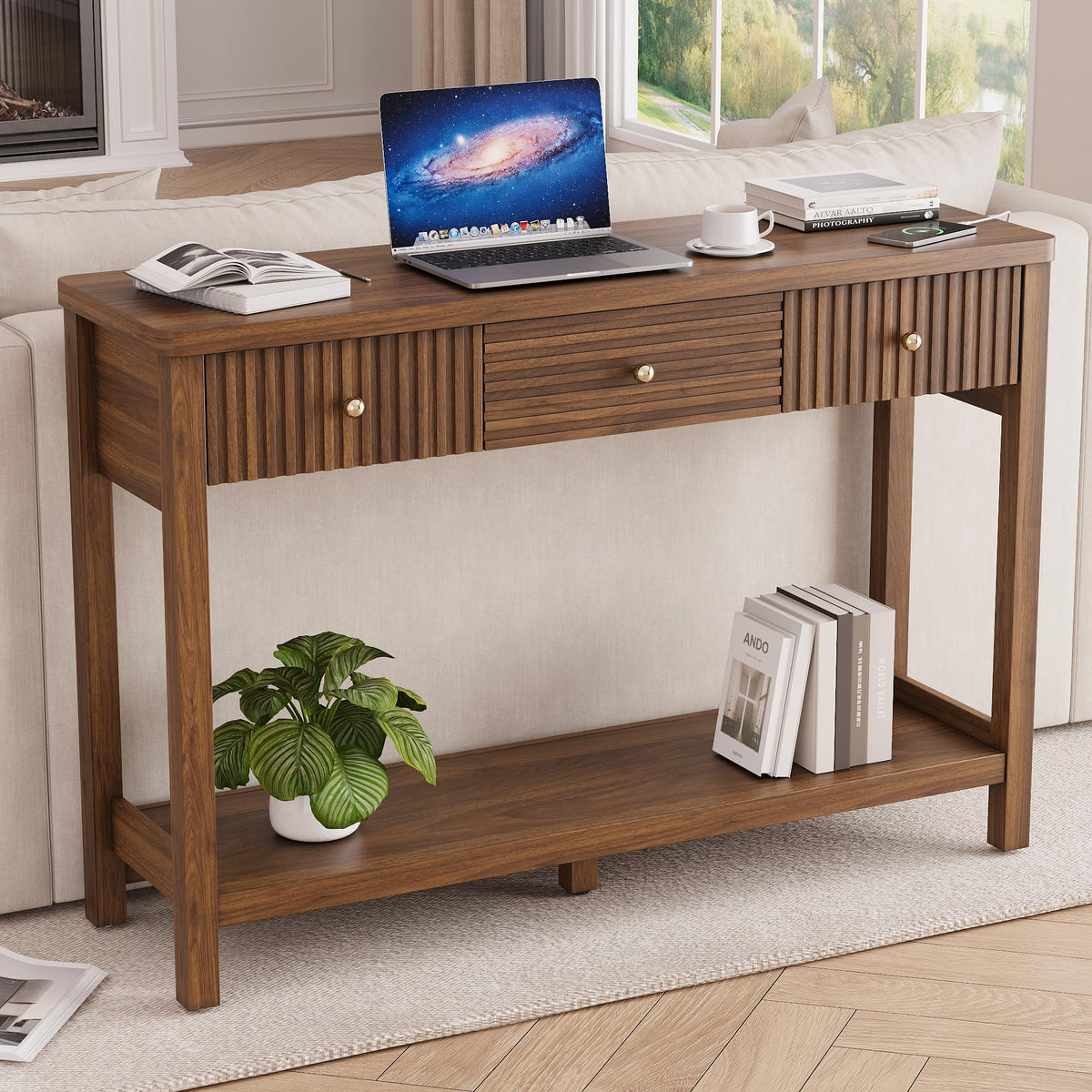 47'' Fluted Console Table with Charging Station & 3 Drawers Y944