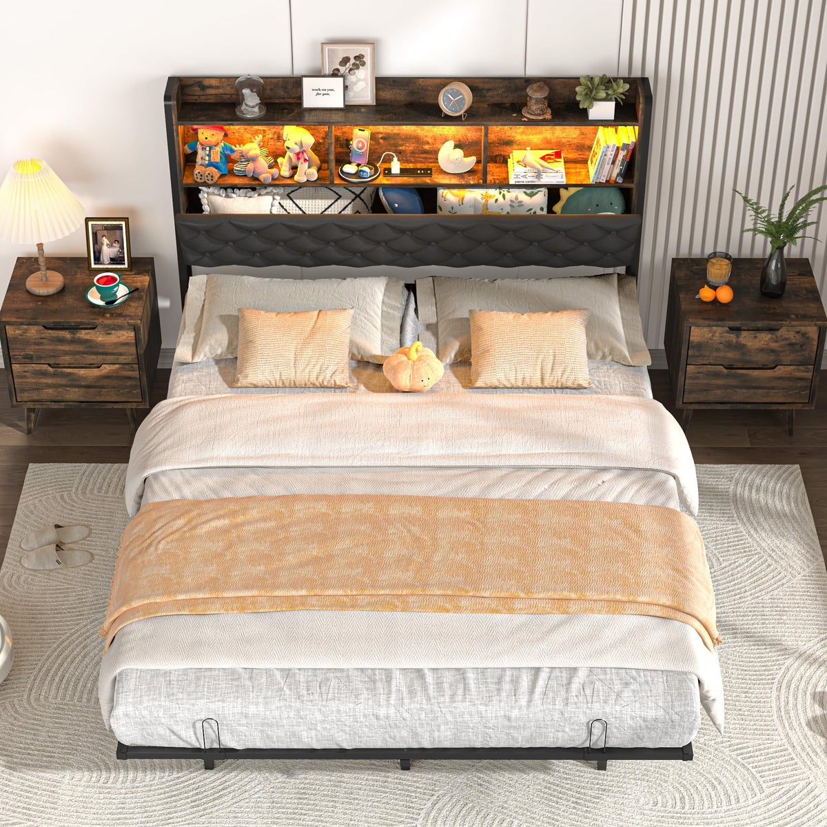 Queen Size Metal Platform Bed with Storage Bookcase Headboard V55842