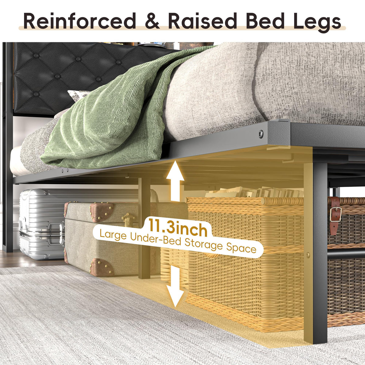 Queen Size Metal Platform Bed with Storage Bookcase Headboard V55842